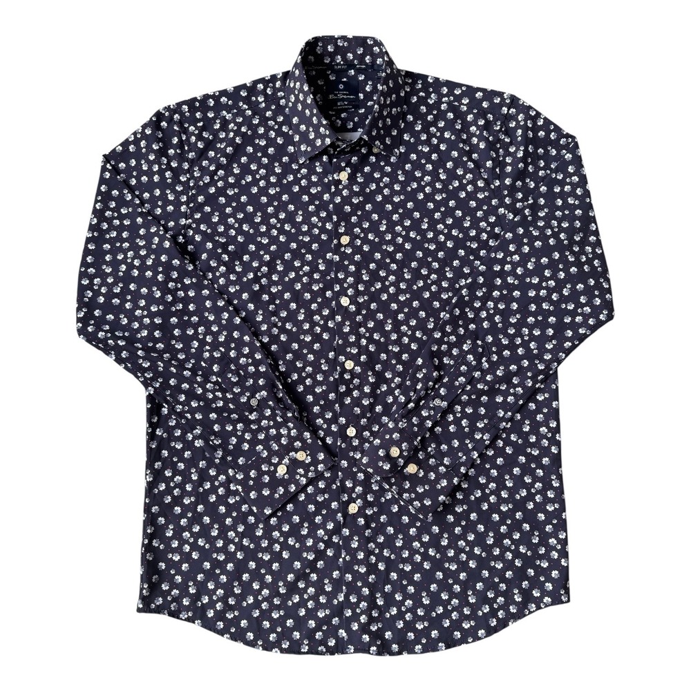 Ben Sherman Slim Fit Stretch Floral Shirt Men's M Navy Mod‎ Retro Button Down